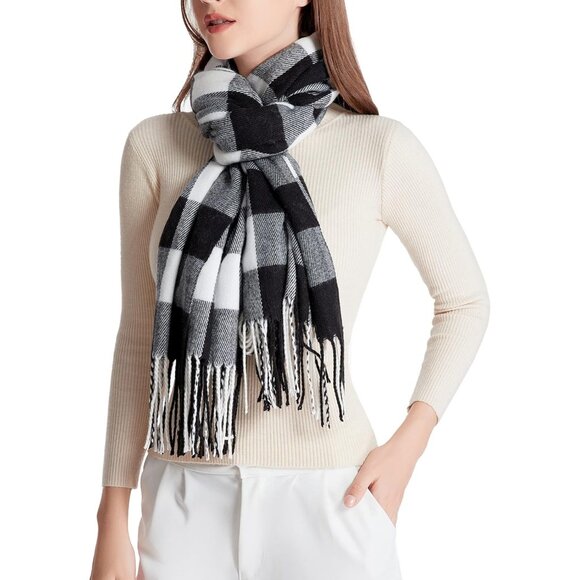 Women's Small Plaid Black Fashion Long Shawl Big Grid Winter Warm Lattice Scarf - Picture 3 of 4